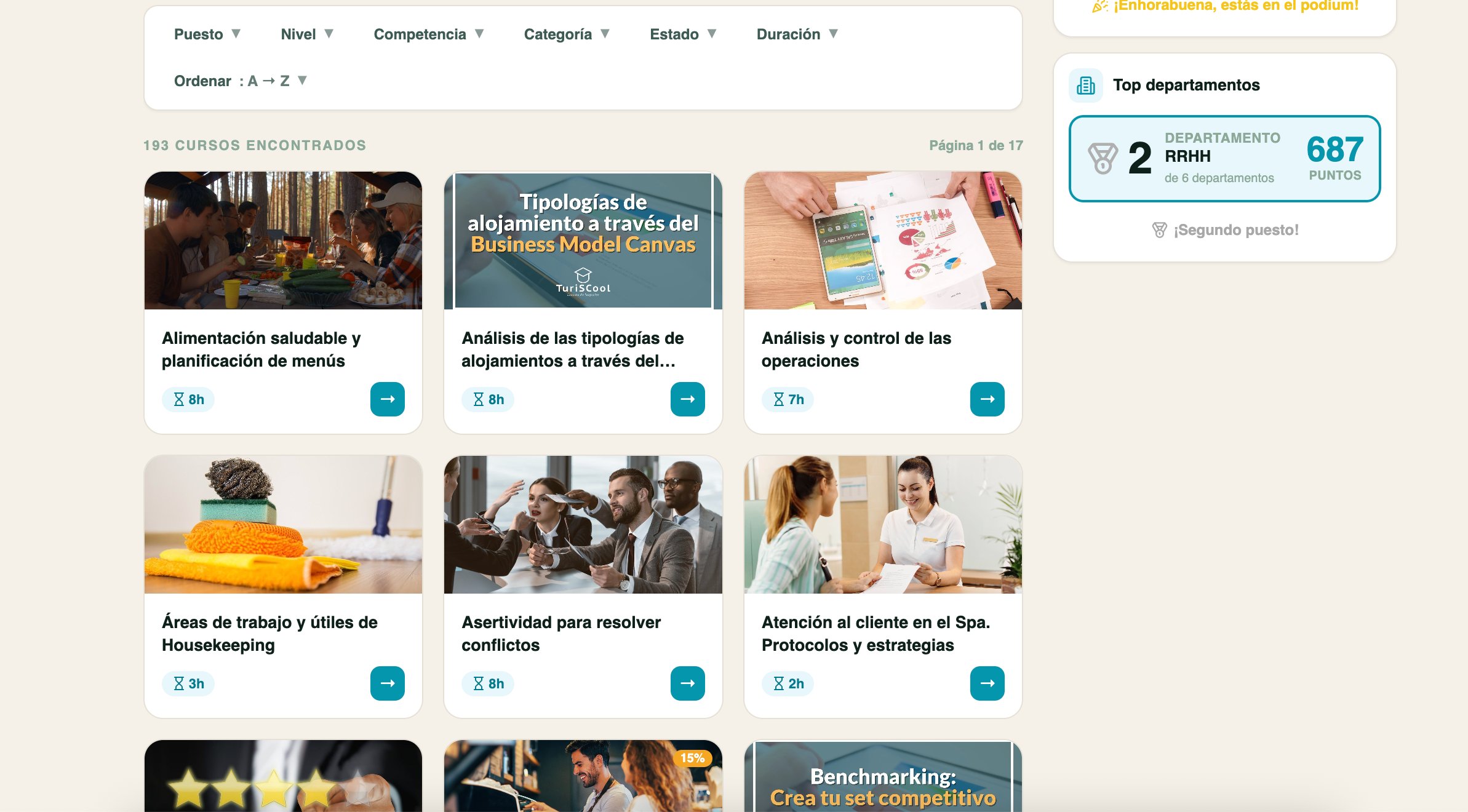 Desarrollo de skills por departamento hotelero — catálogo Turiscool